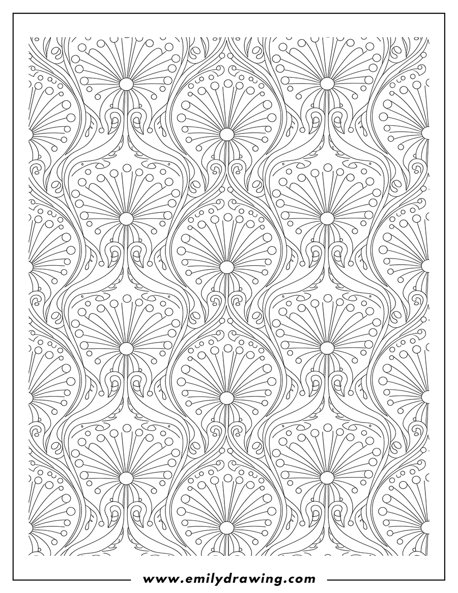 Simple sketch of elegant Dandelion Pattern, a repeating design with stylized fan shapes and dotted arcs to color