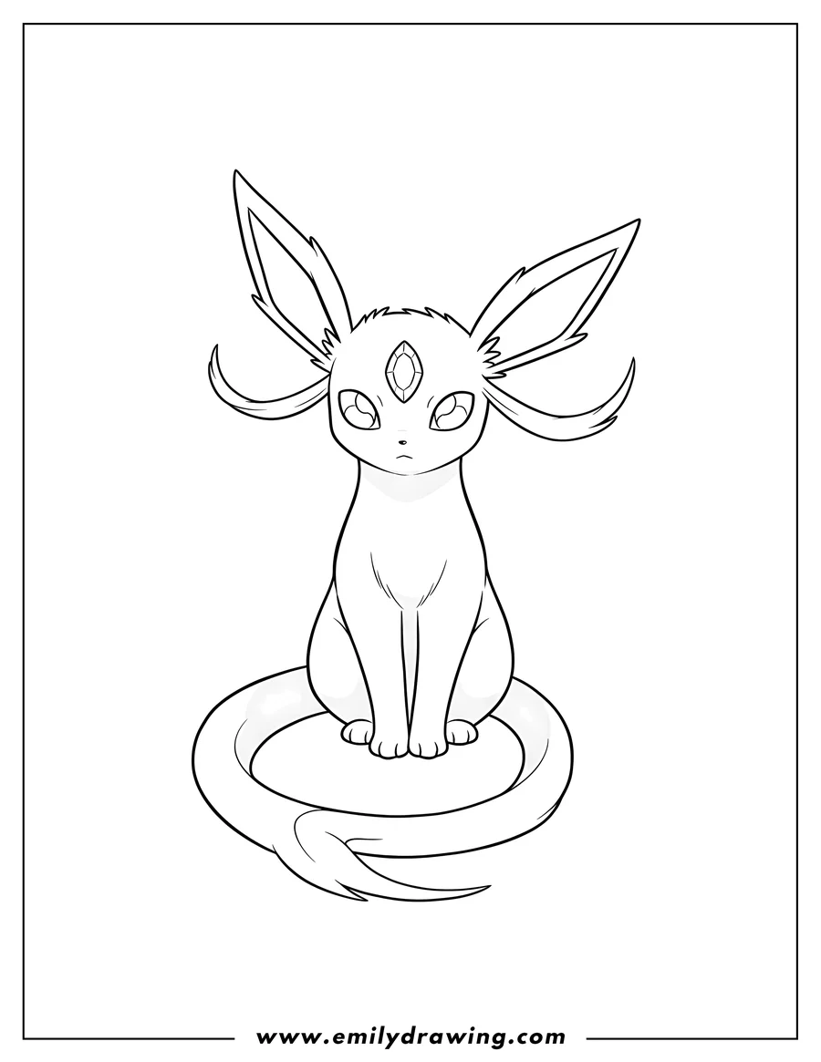 Coloring sheet featuring elegant Espeon sitting with large ears and a curled tail