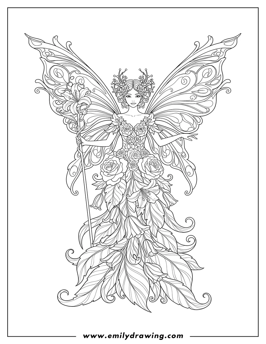 High quality printable elegant Fairy Flora with prominent wings and a floral dress for coloring