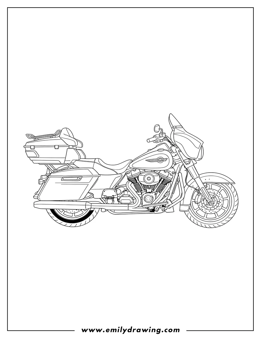 Free to print drawing of elegant Harley Davidson Road King with a large front fairing, saddlebags, and a rear top case, in profile
