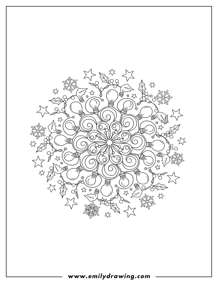 Coloring page for kids: elegant Christmas Lights Mandala With Hollies, Snowflakes, and Stars