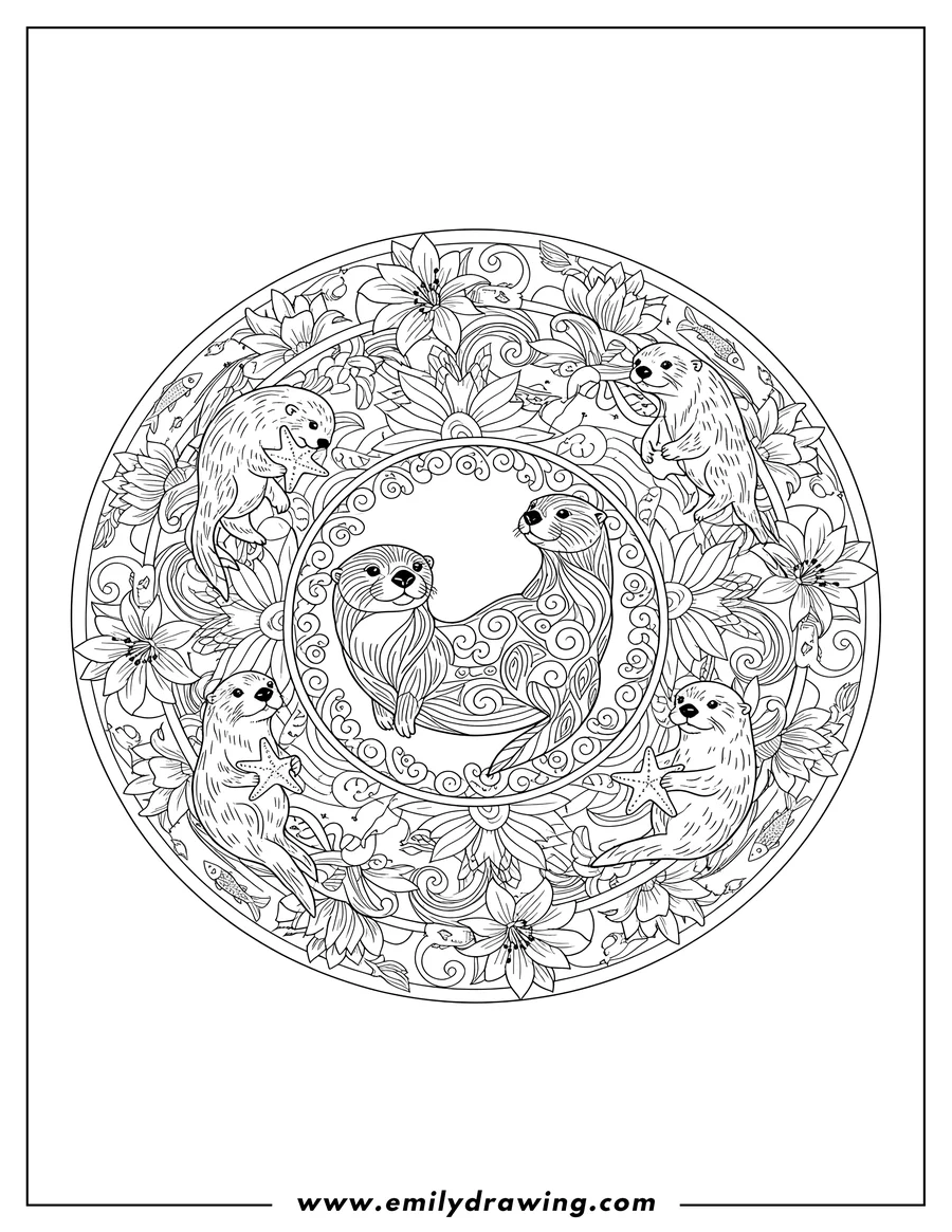 Vector style outline of elegant Otter Mandala With Playful Otters, Some Holding Starfish, Floral Patterns, And Fish