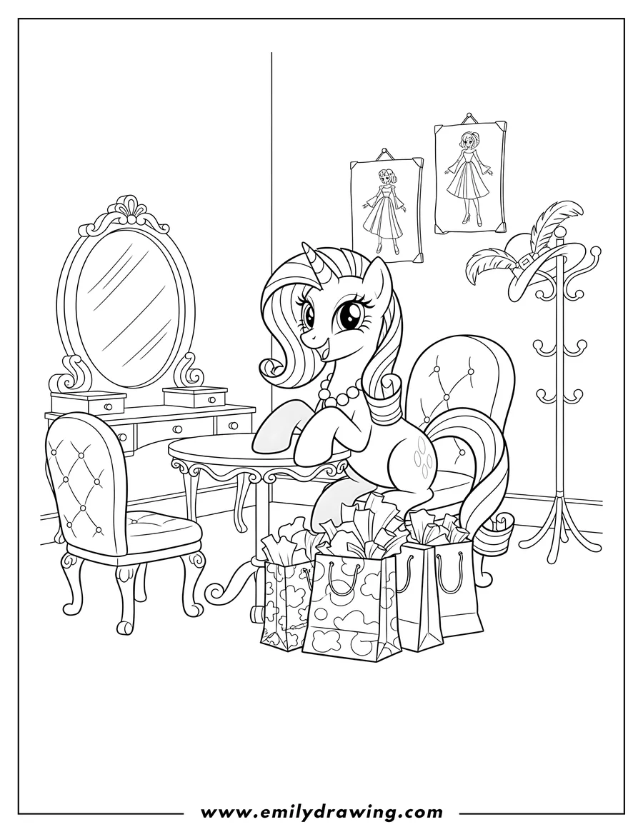 Outline drawing of elegant Rarity in her room, sitting at a table, wearing a pearl necklace, and smiling happily with shopping bags