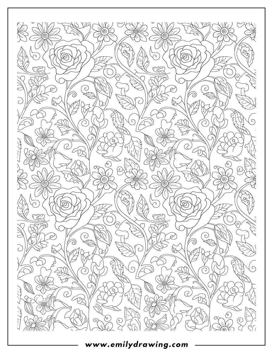 Free printable coloring sheet of elegant repeating pattern of flowers and leaves