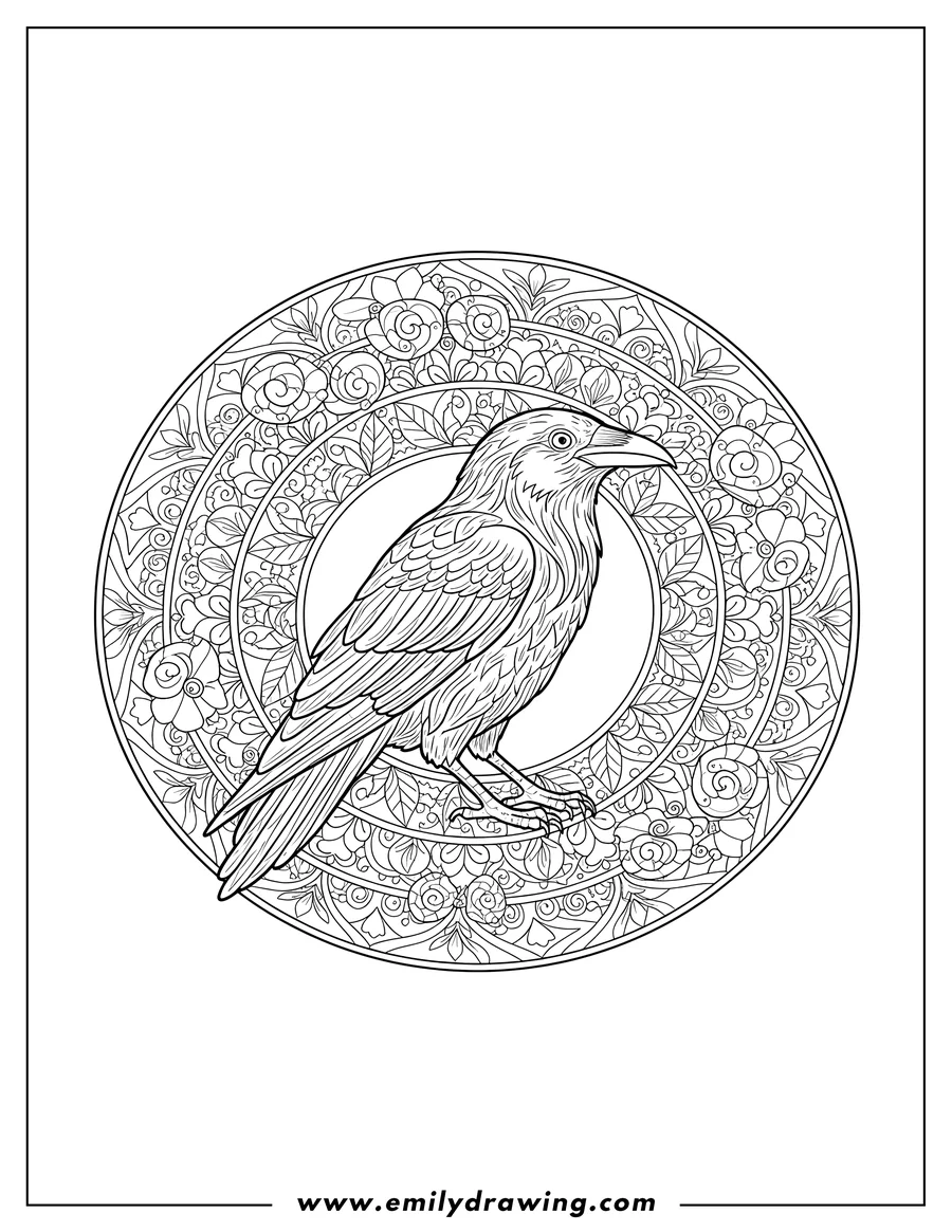 Vector style outline of elegant standing raven in an intricate mandala with floral elements