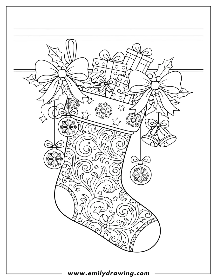 Linear illustration of elegant Christmas Stocking, filled with wrapped gifts, adorned with mistletoe bows, hanging snowflake-patterned baubles, and bells