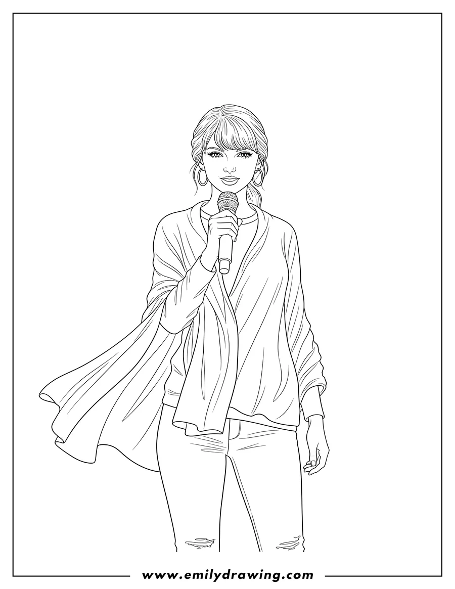Free to print drawing of elegant Taylor Swift holding a microphone and wearing a draped shawl over a casual outfit