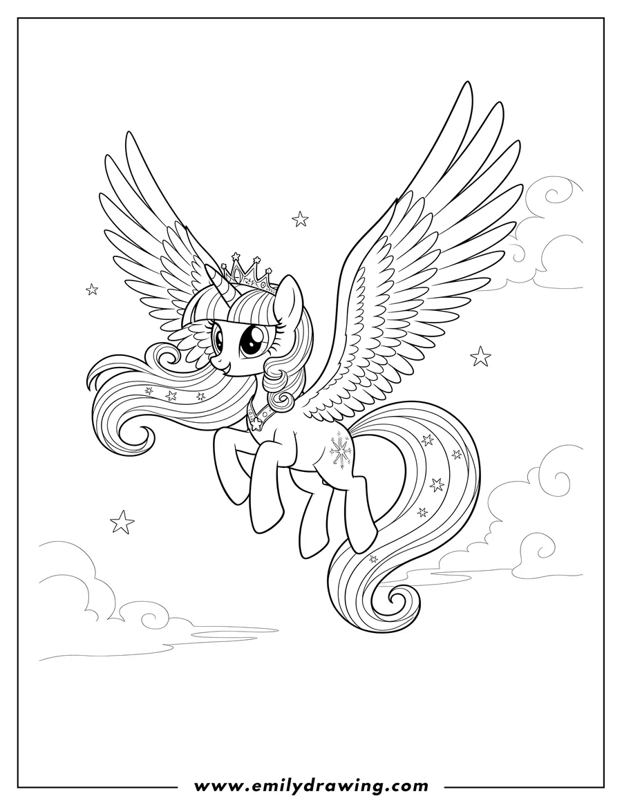 Coloring page for kids: elegant Twilight Sparkle Air, with her wings spread and flowing mane and tail