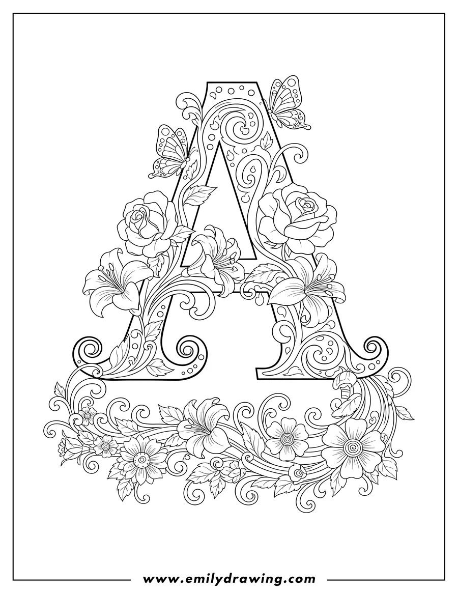 Printable line art of elegant Uppercase A With Floral Design, Butterflies, and a Floral Garland