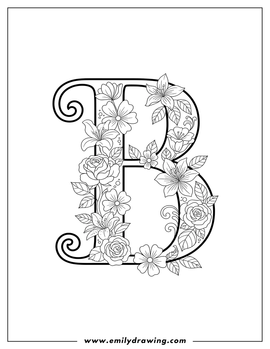 Printable coloring page of elegant Uppercase Letter B with intertwined flowers and leaves, coloring page
