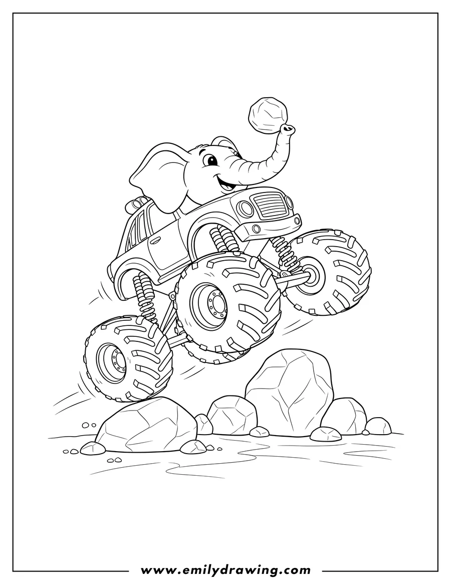 Full page coloring image of elephant Bump Monster Machine doing tricks over rocks
