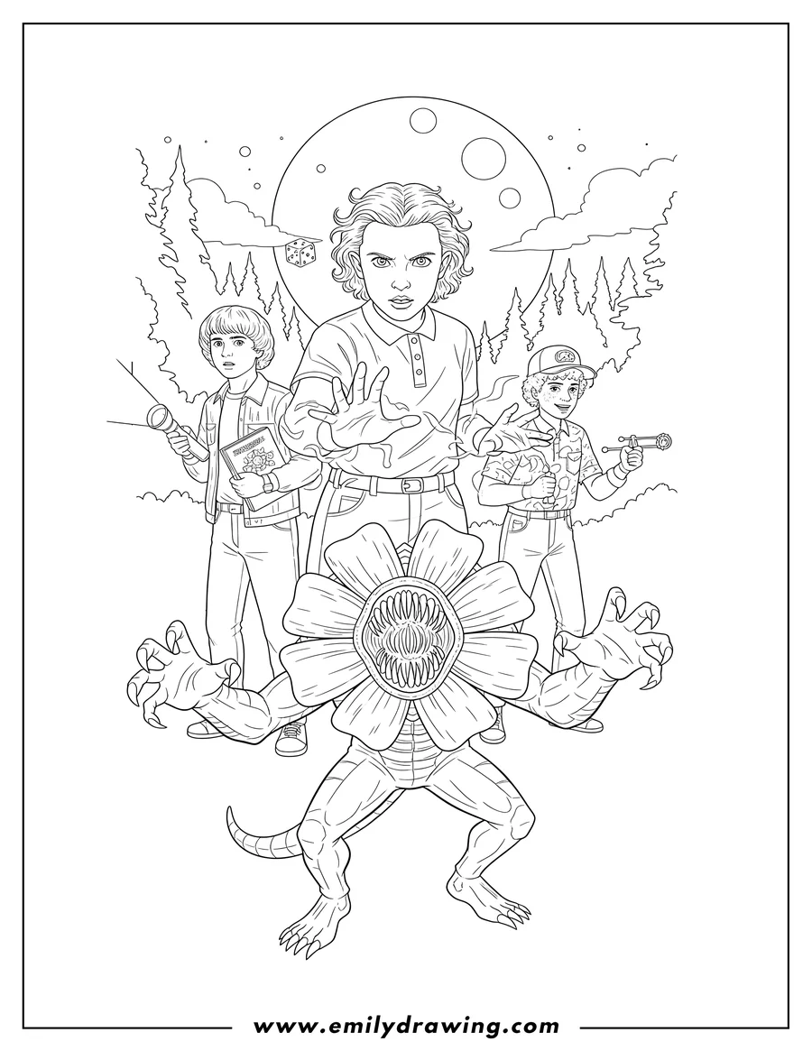 PDF style coloring page: stranger Things popular characters including Eleven using powers, with a large monster below