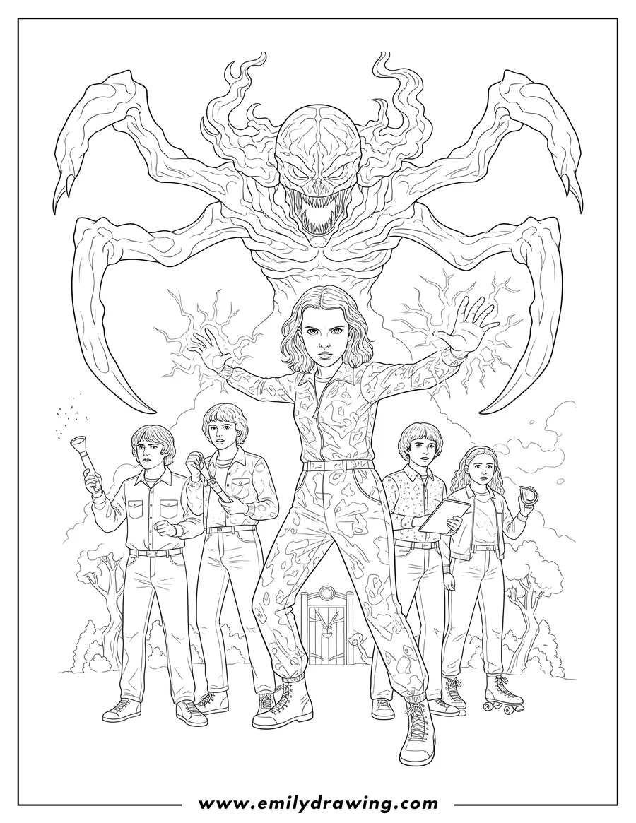 Printable line art of detailed Stranger Things Adults Scaled featuring Eleven casting powers, a group of friends, and the Mind Flayer