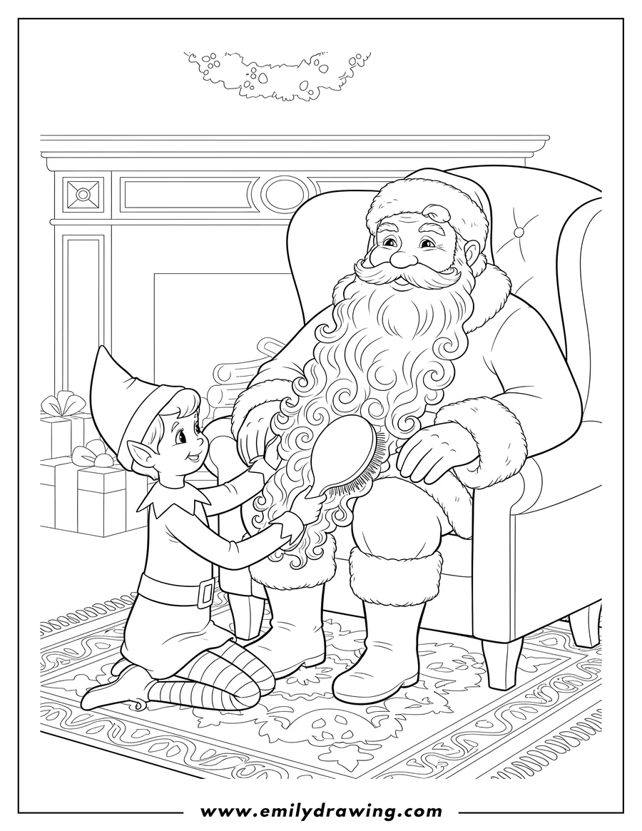 High quality printable elf On Shelf kneeling, fixing Santa's long beard with a brush for coloring