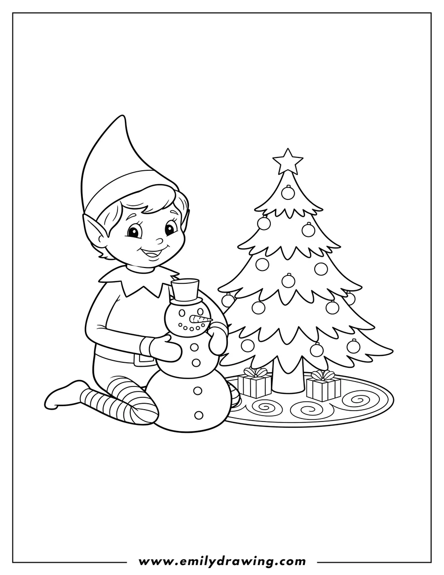 Outline drawing of smiling Elf On Shelf building a mini snowman with a square head by a Christmas tree