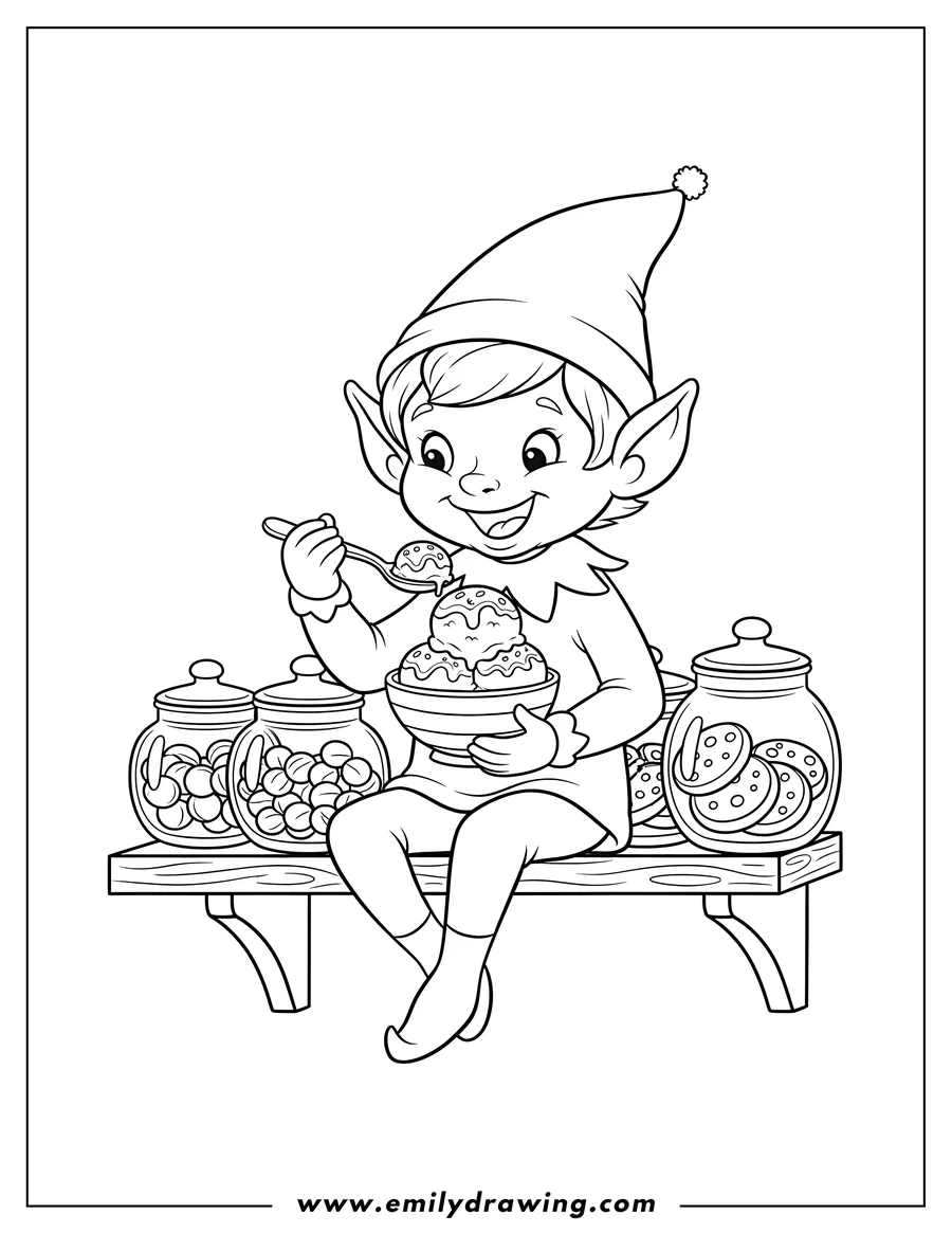 Downloadable coloring page of cute Elf On Shelf sitting and eating ice cream from a bowl with a spoon, with jars beside it