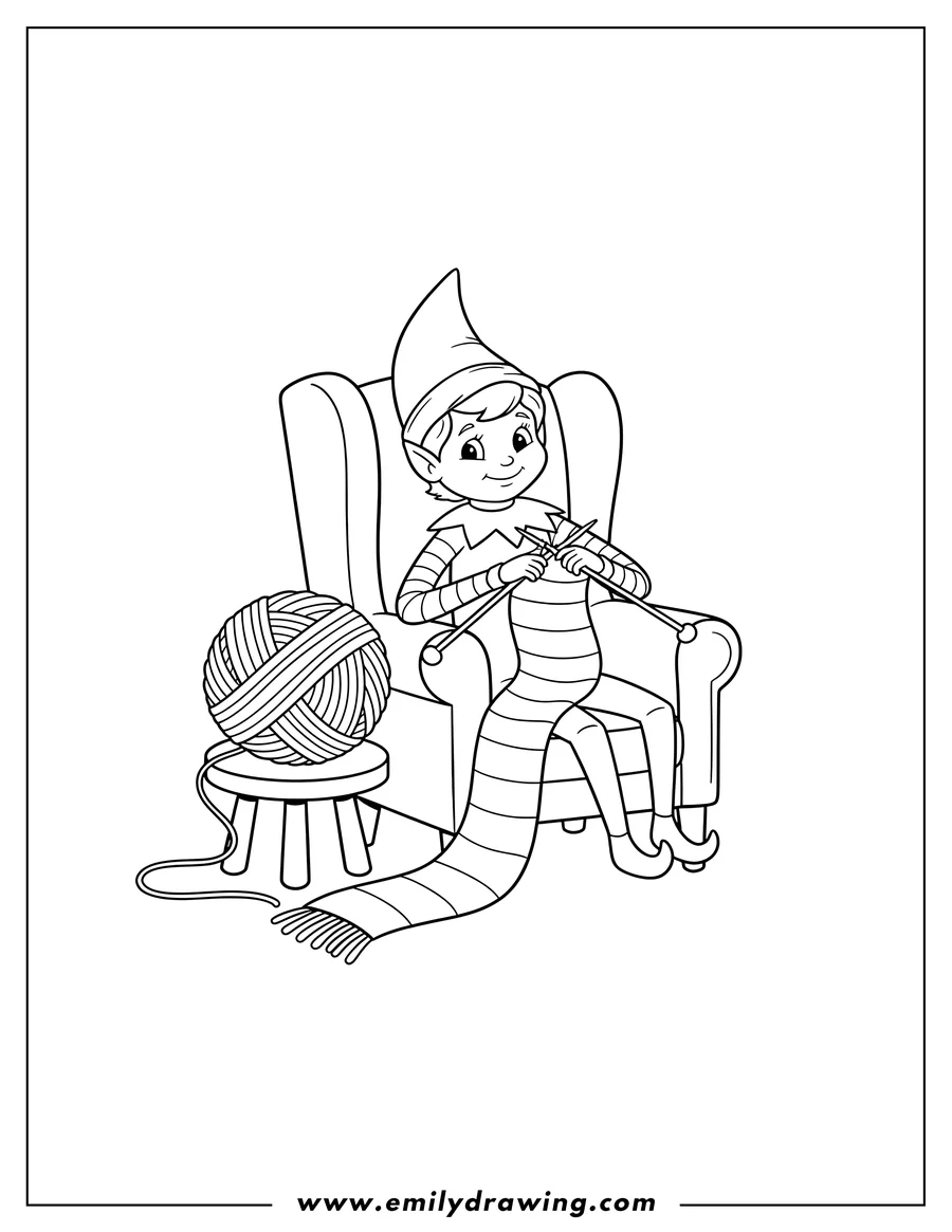 Free to print drawing of elf On Shelf knitting a long scarf, sitting in a chair with a large ball of yarn