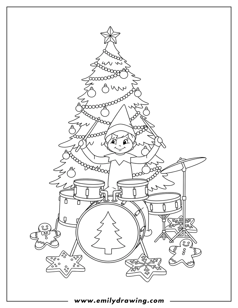 Linear illustration of smiling Elf On Shelf playing Christmas drums while holding drumsticks, surrounded by cookies and a Christmas tree