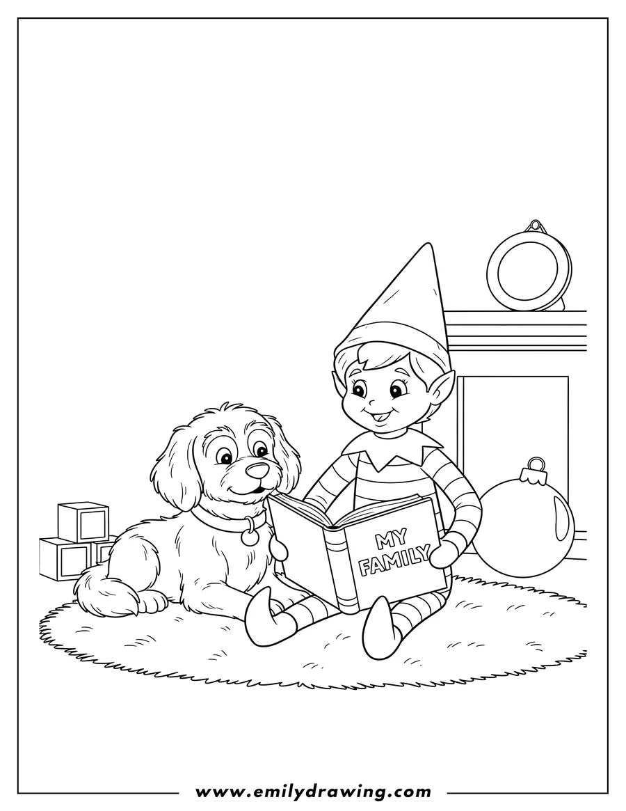 Simple sketch of an Elf On Shelf Reading a 'My Family' Book with a dog to color
