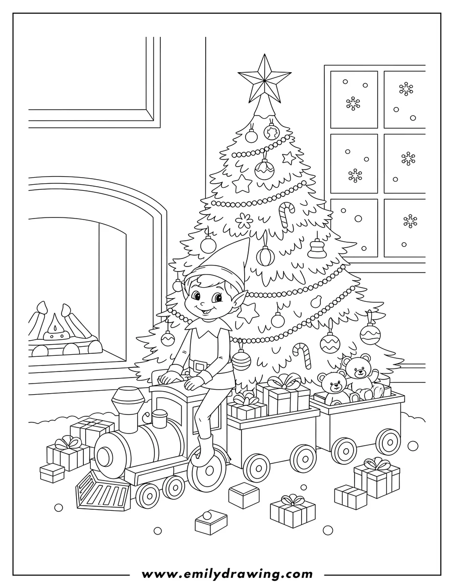 Coloring page for kids: elf on Shelf sitting on a toy train with one leg dangling, by a Christmas tree