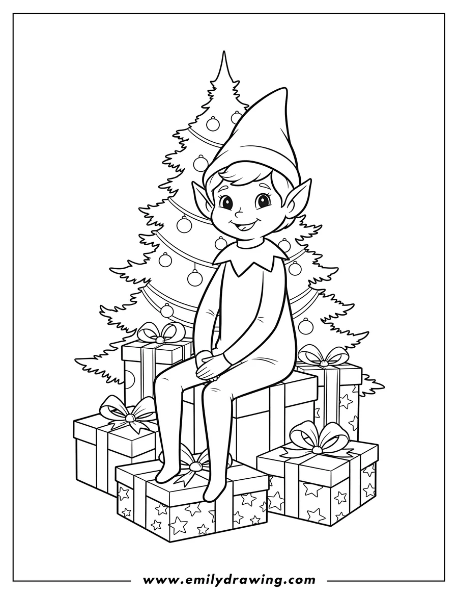 Simple sketch of smiling Elf On Shelf with pointy ears sitting on gift boxes with Christmas Tree Background to color