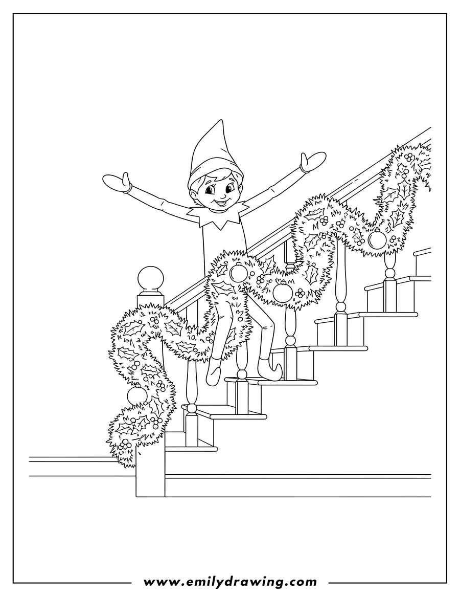 Vector style outline of elf On Shelf with arms outstretched, sliding down a stair railing covered in Christmas garland