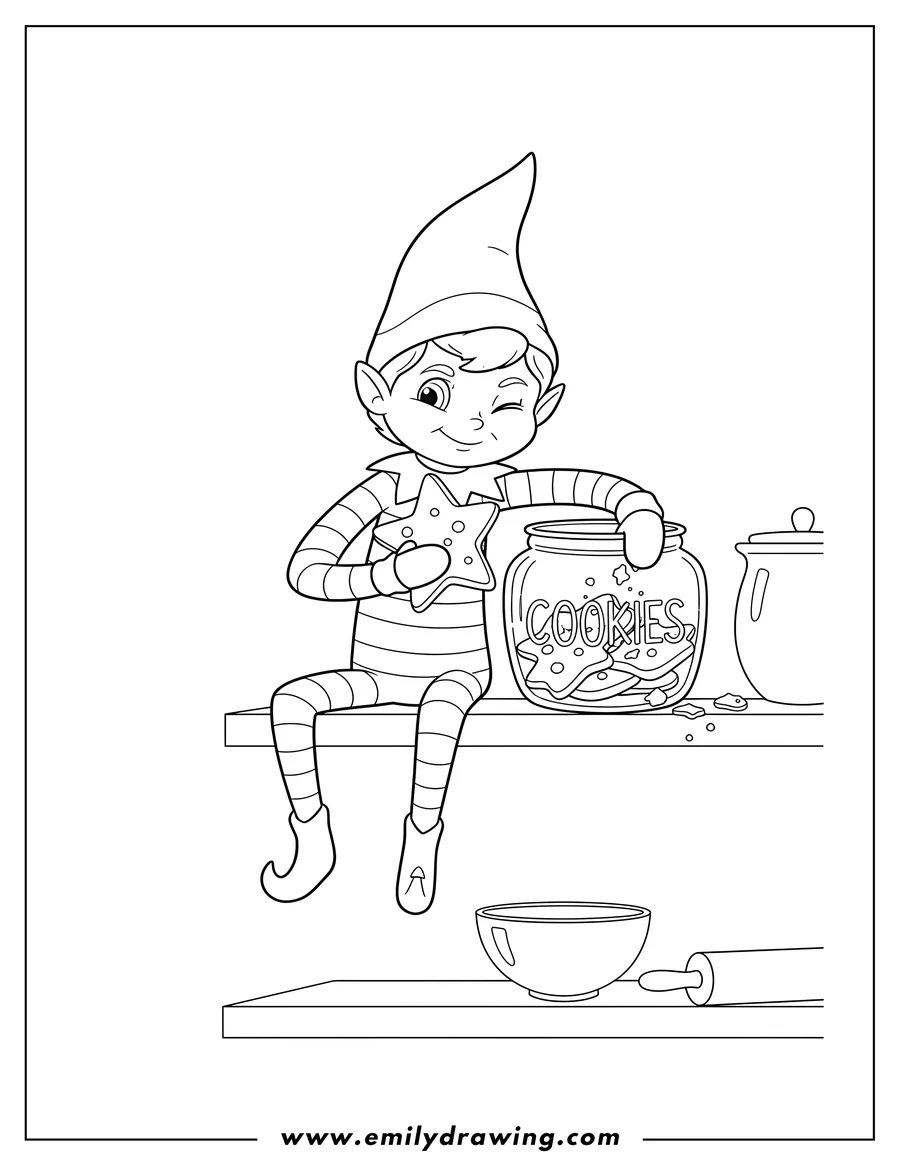 Coloring sheet featuring mischievous Elf On Shelf holding a star-shaped cookie and stealing Christmas cookies from a kitchen jar