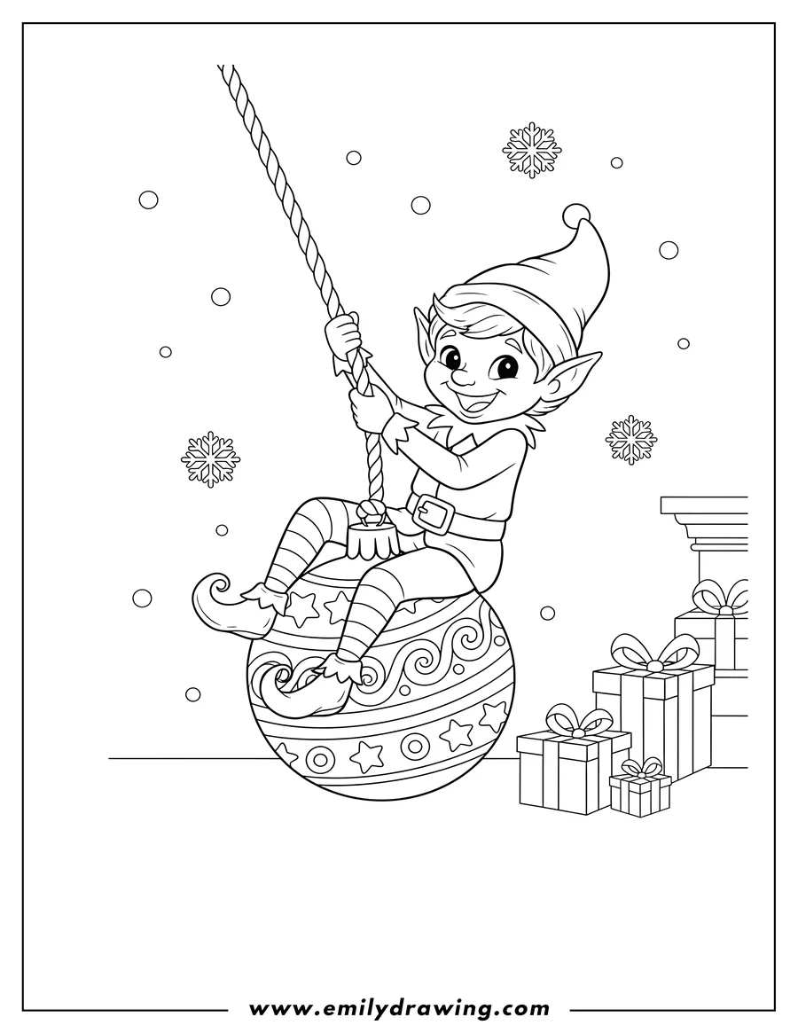 Linear illustration of mischievous Elf On Shelf happily swinging on a large ornament, holding a rope
