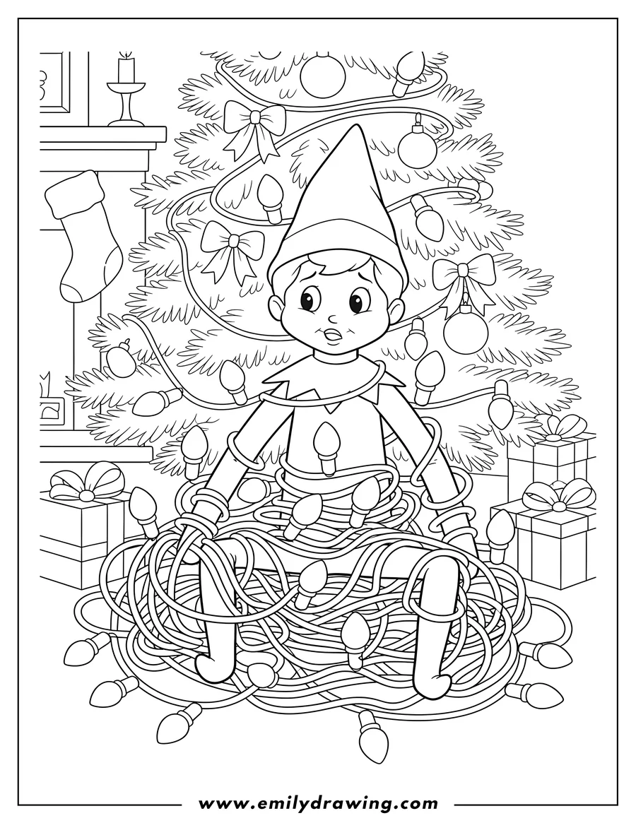 Coloring page of elf On Shelf Tangled Christmas Lights By Tree, sitting in a large pile with wires wrapped around its arms and legs