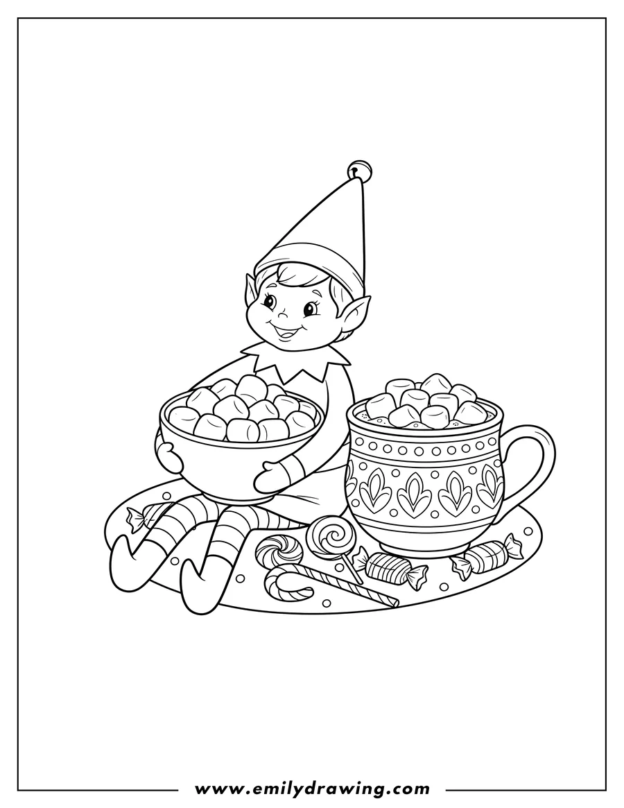 Downloadable coloring page of sitting Elf on the Shelf holding a bowl of marshmallows, next to a large mug of cocoa with marshmallows, with scattered candies