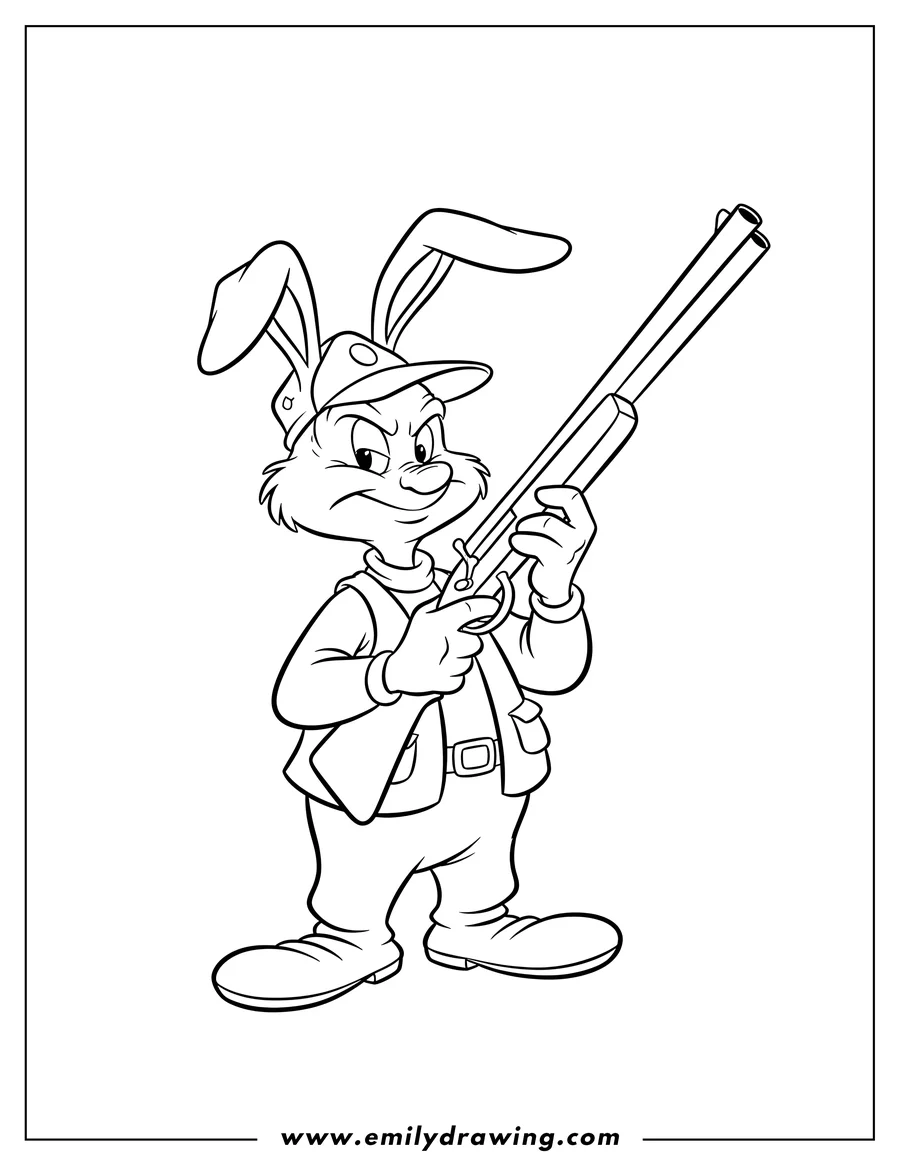 Coloring page of elmer Fudd Hunter Character Picture Scaled, holding a rifle and wearing a hat with rabbit ears