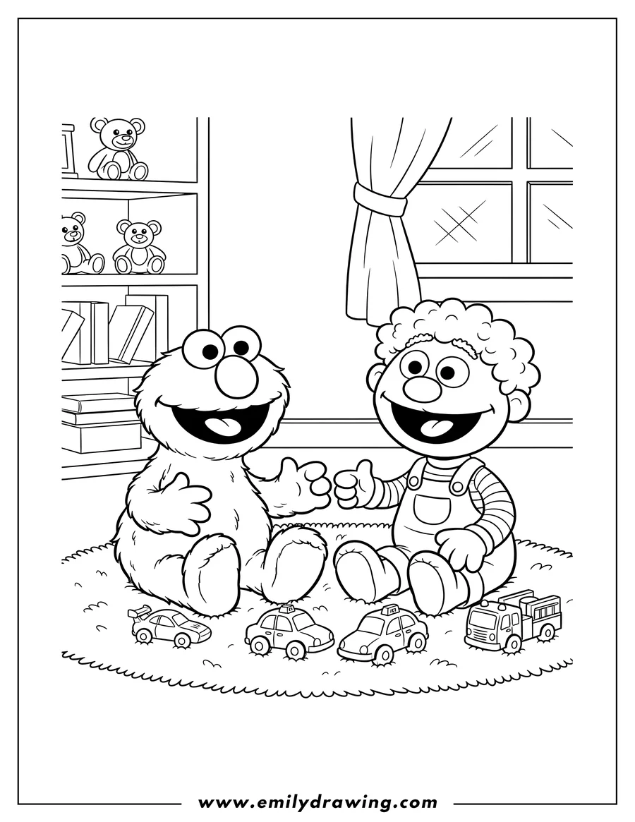 Black and white line art of elmo and a kid muppet sitting and playing with toy cars