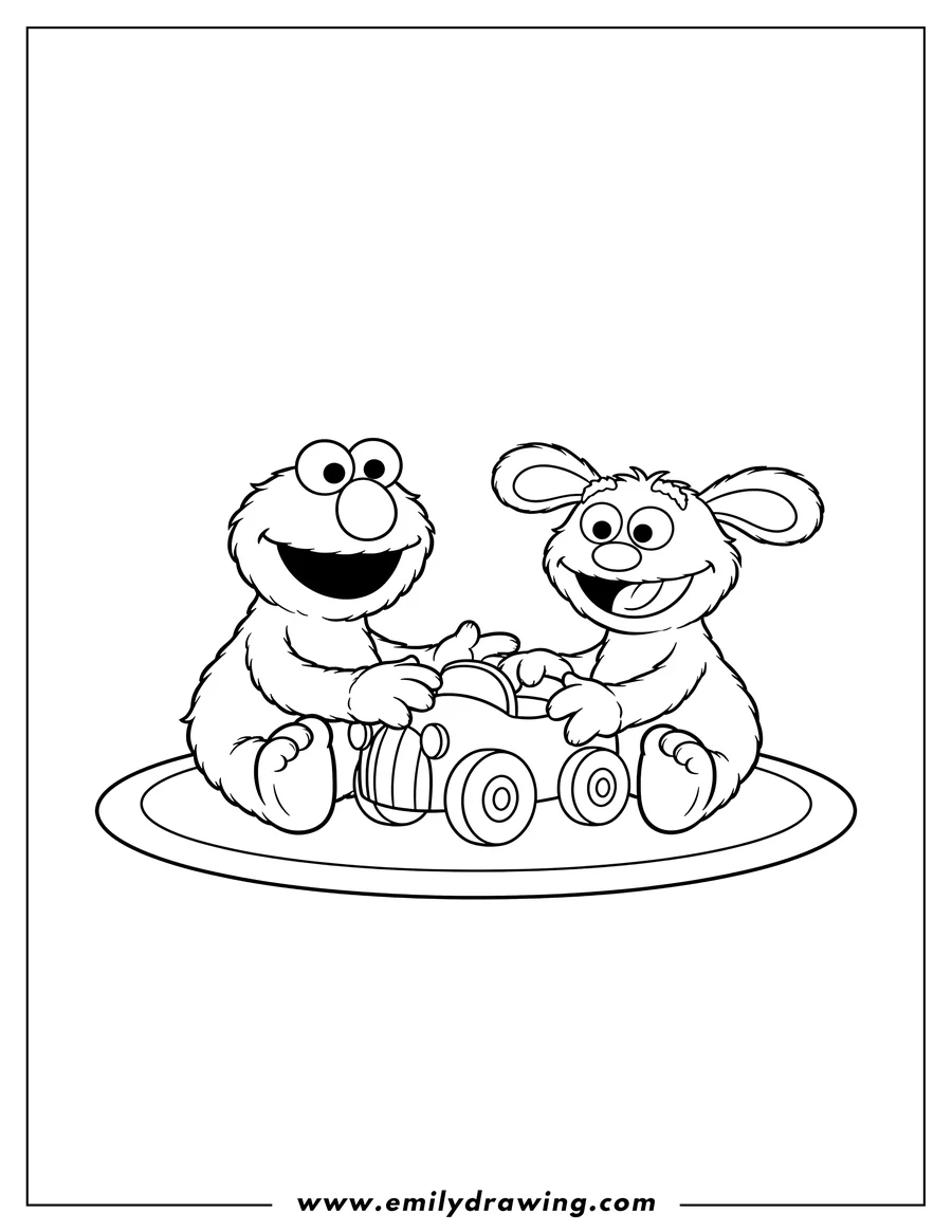 Printable coloring page of elmo and friend sitting and playing with a toy car, smiling
