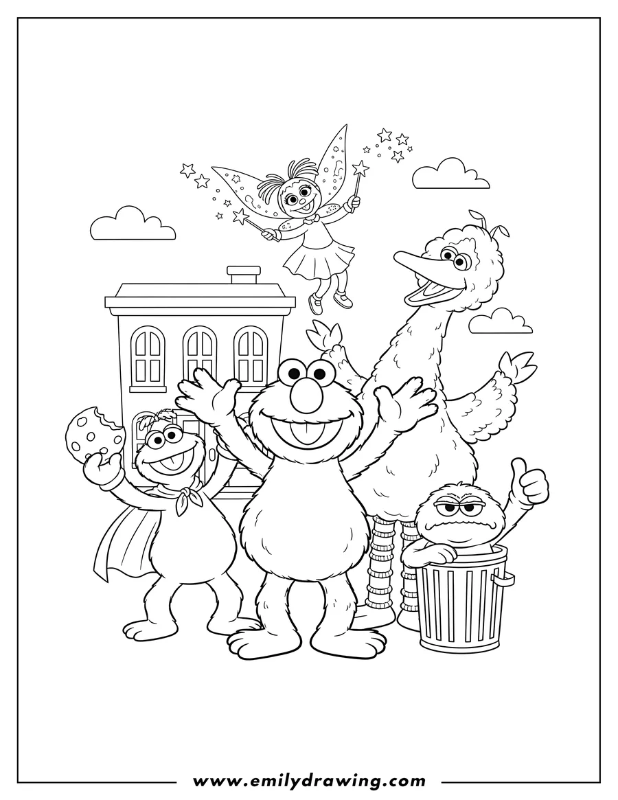 Doodle style coloring picture of elmo and Sesame Street Friends with arms raised and smiling