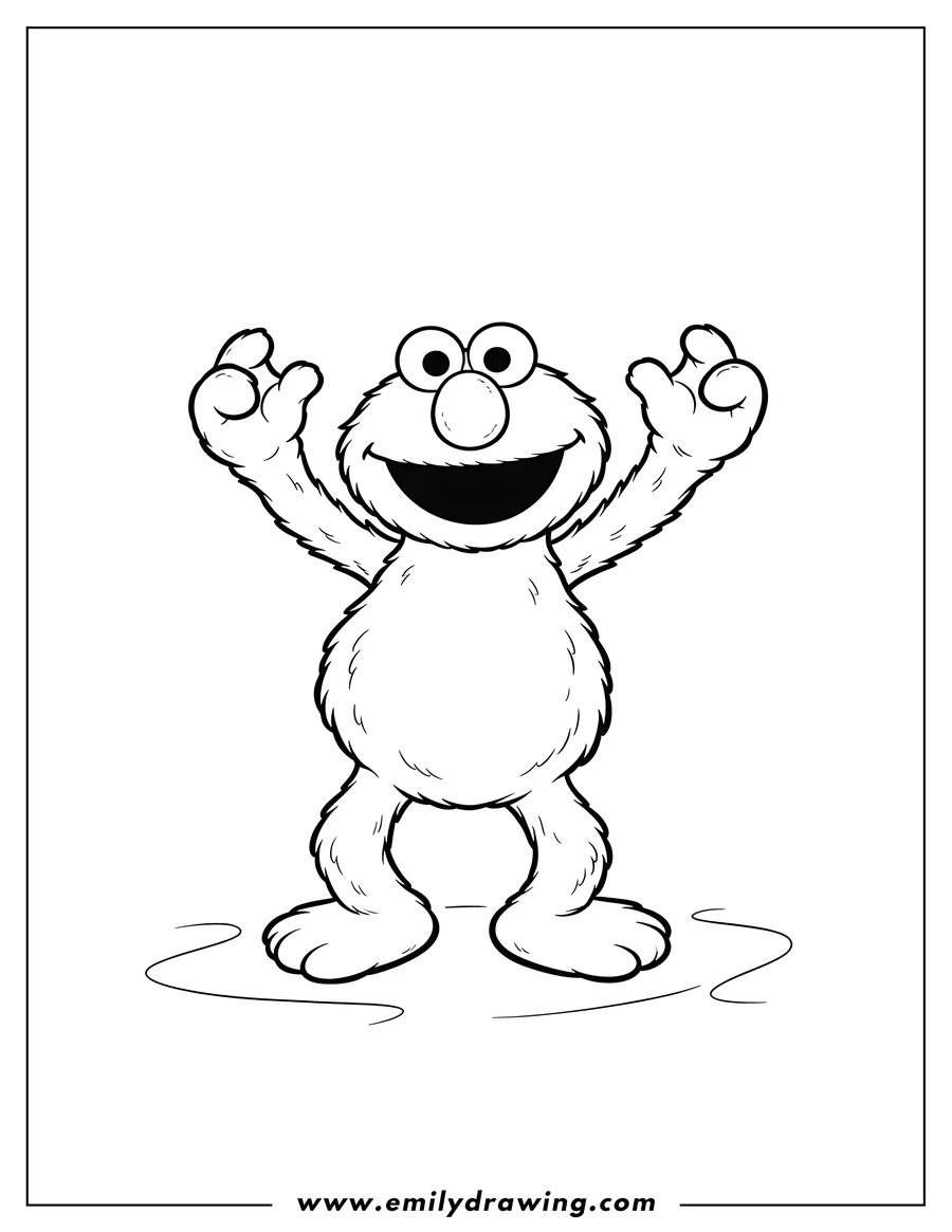 Full page coloring image of elmo dancing joyfully with arms raised