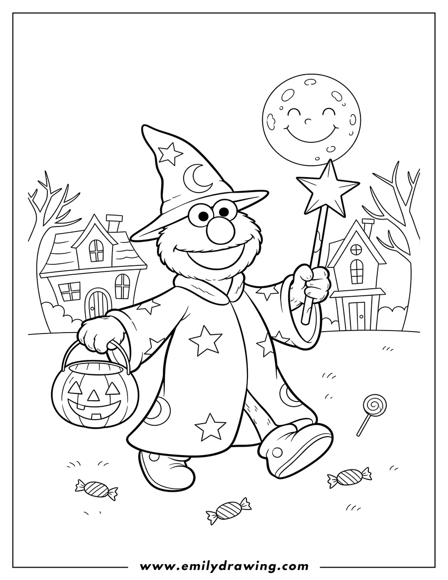 High quality printable elmo dressed as a wizard, holding a jack-o'-lantern bucket and a star wand, trick or treating for coloring