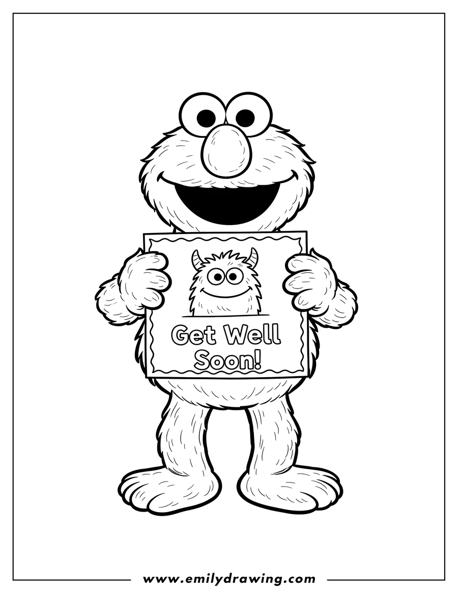 Black and white line art of elmo holding a 'Get Well Soon!' card featuring a small monster drawing