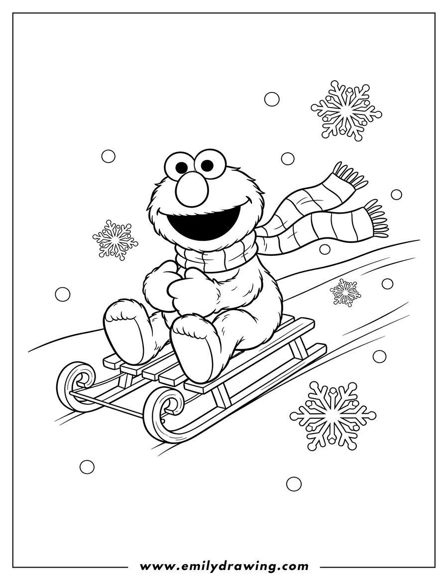 Printable line art of elmo smiling and wearing a scarf, riding a sled with snowflakes falling