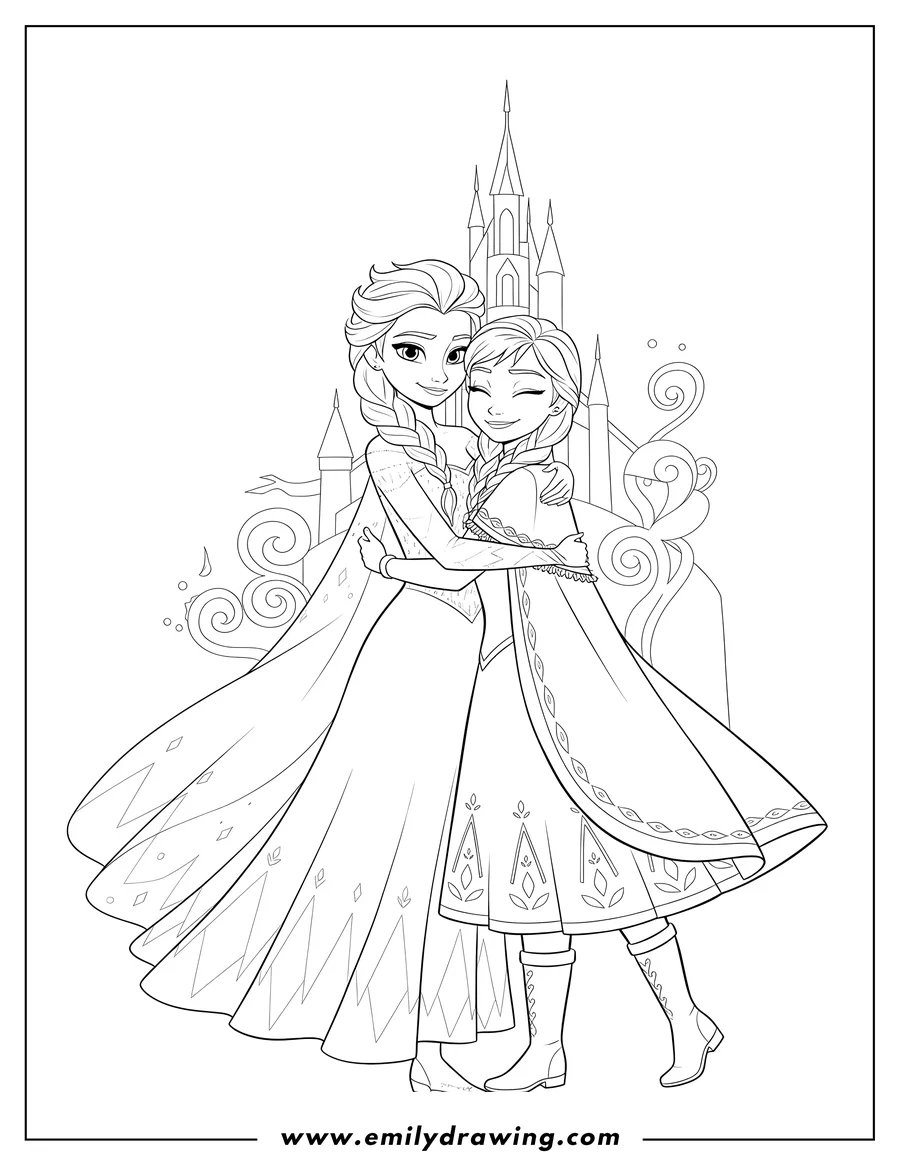 Free to print drawing of frozen Disney Cover Image of Elsa and Anna hugging