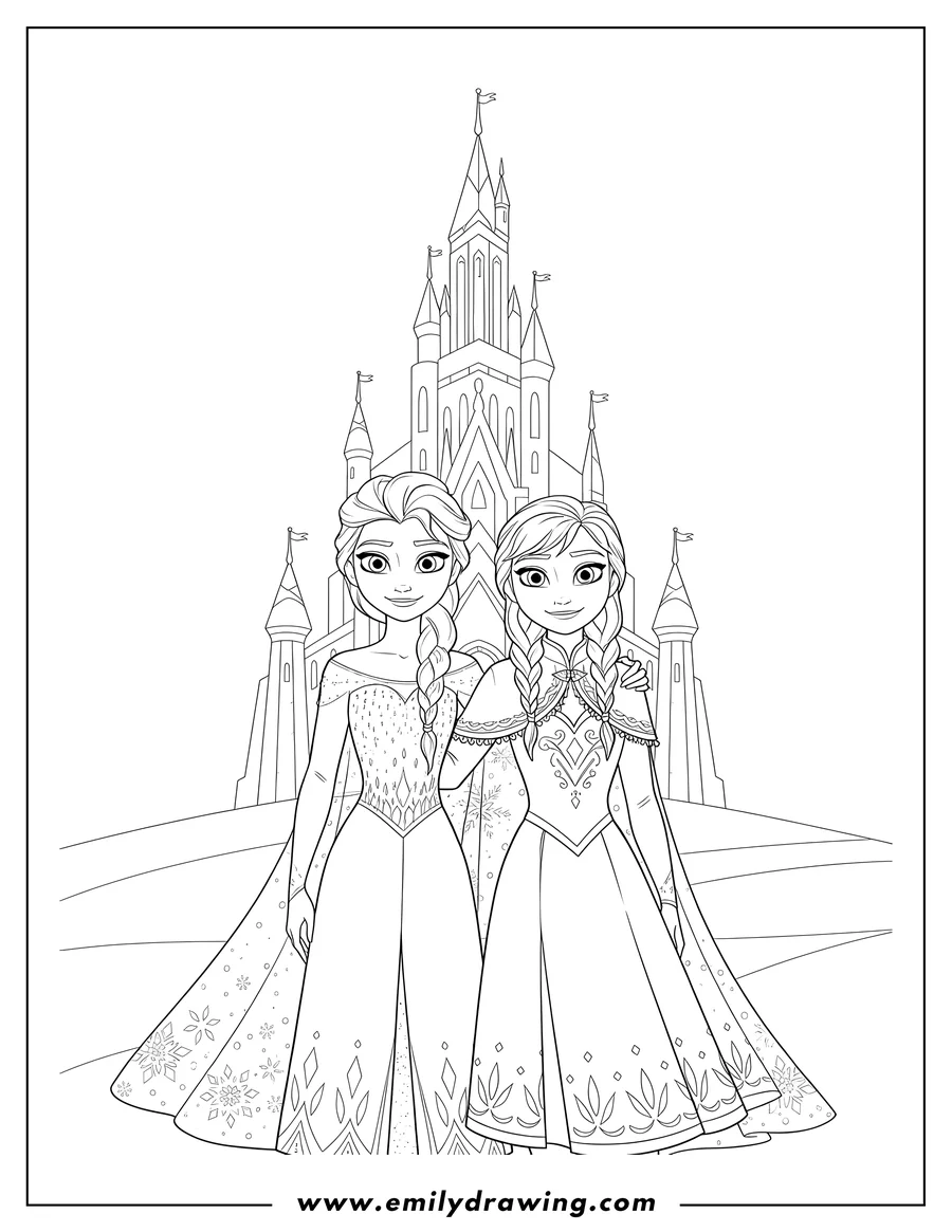 PDF style coloring page: elsa And Anna With Castle Scaled, side-by-side, Elsa's arm around Anna, both smiling