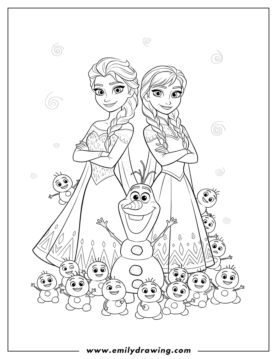 Coloring page of elsa and Anna smiling with crossed arms, Olaf, and many happy snow babies