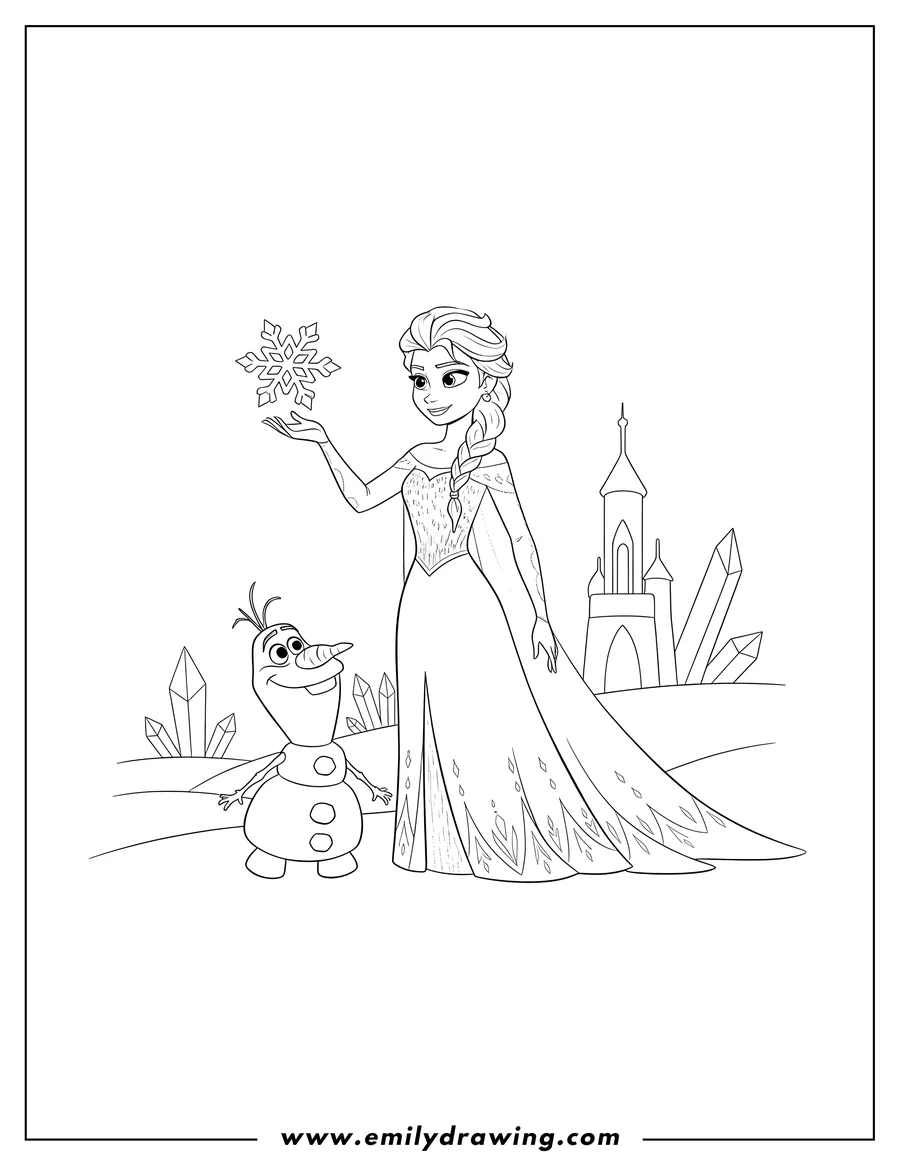 Coloring sheet featuring elsa and Olaf from Frozen with Elsa holding up a snowflake, and Olaf looking on