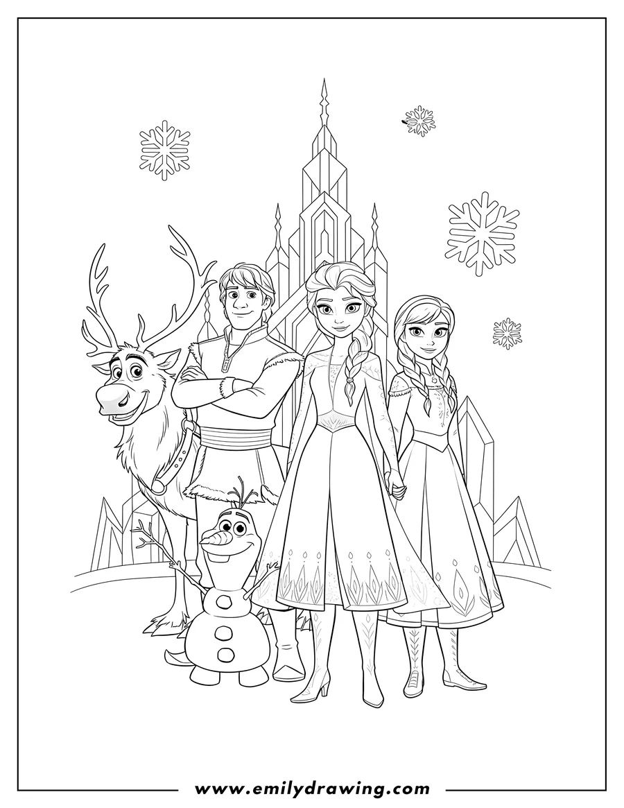 Coloring page of elsa, Anna, Kristoff, Olaf, and Sven standing together, with Kristoff's arms crossed and Olaf holding a branch