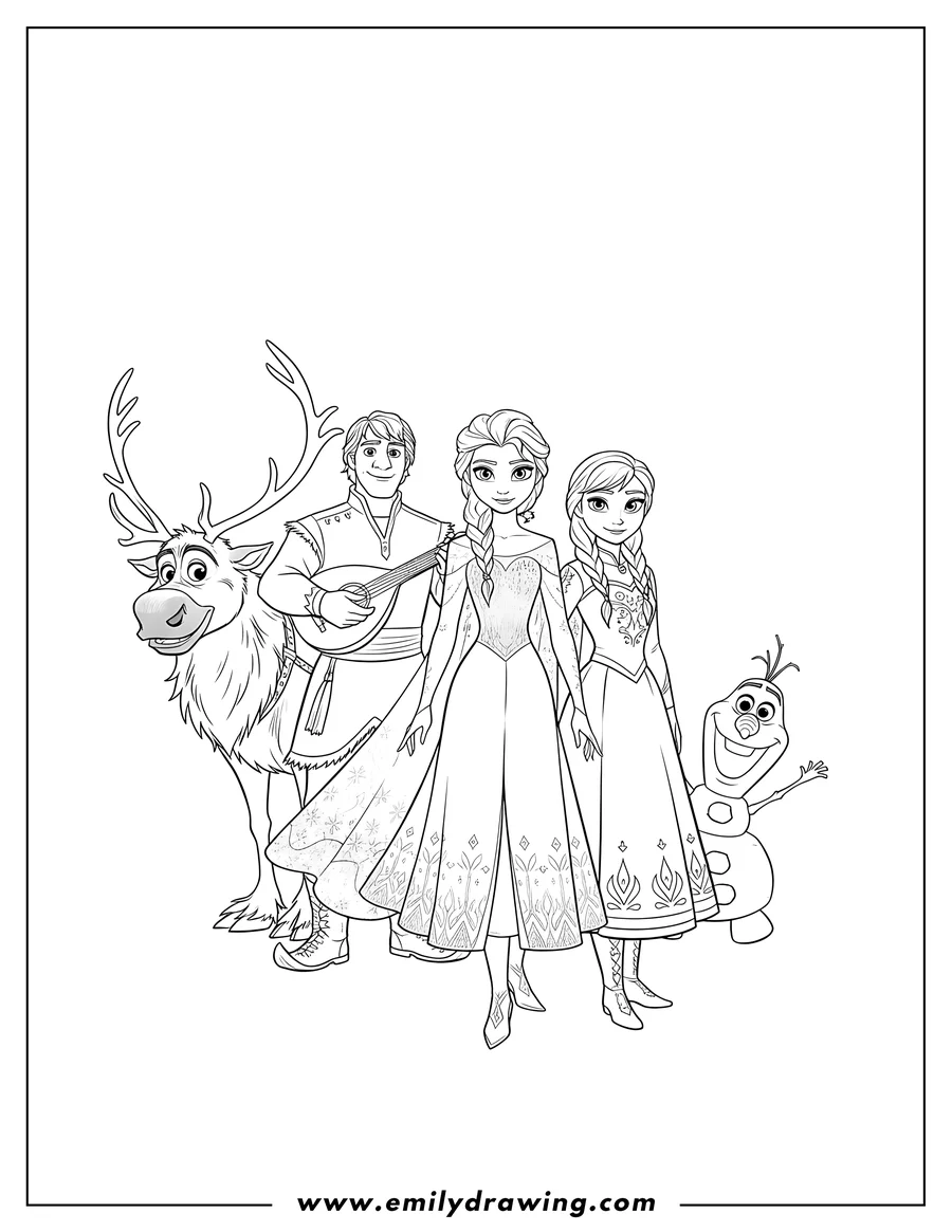 PDF style coloring page: elsa Anna Sven Olaf And Kristoff Scaled, standing together in a group pose