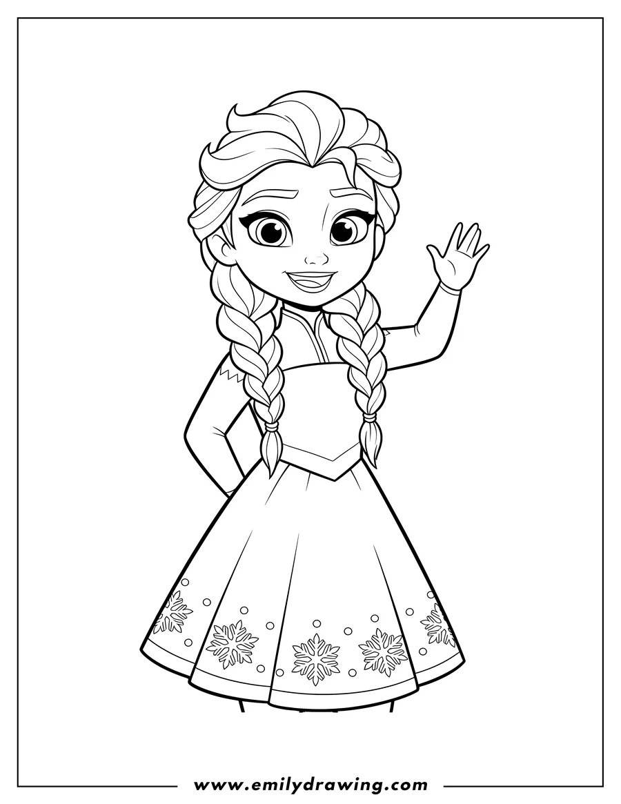 Coloring page for kids: elsa As Kid Easy Scaled, waving and smiling