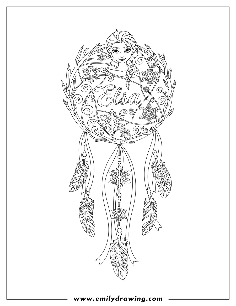 Simple sketch of elsa Dreamcatcher with 'Elsa' written in cursive script within the web, featuring snowflakes and feathers to color