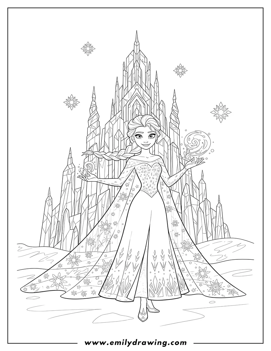 Linear illustration of elsa Front Ice Castle Scaled, smiling with braided hair