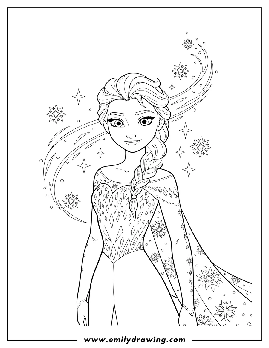 Linear illustration of elsa Hair Scaled, featuring her iconic side braid, a gentle smile, and surrounded by sparkles