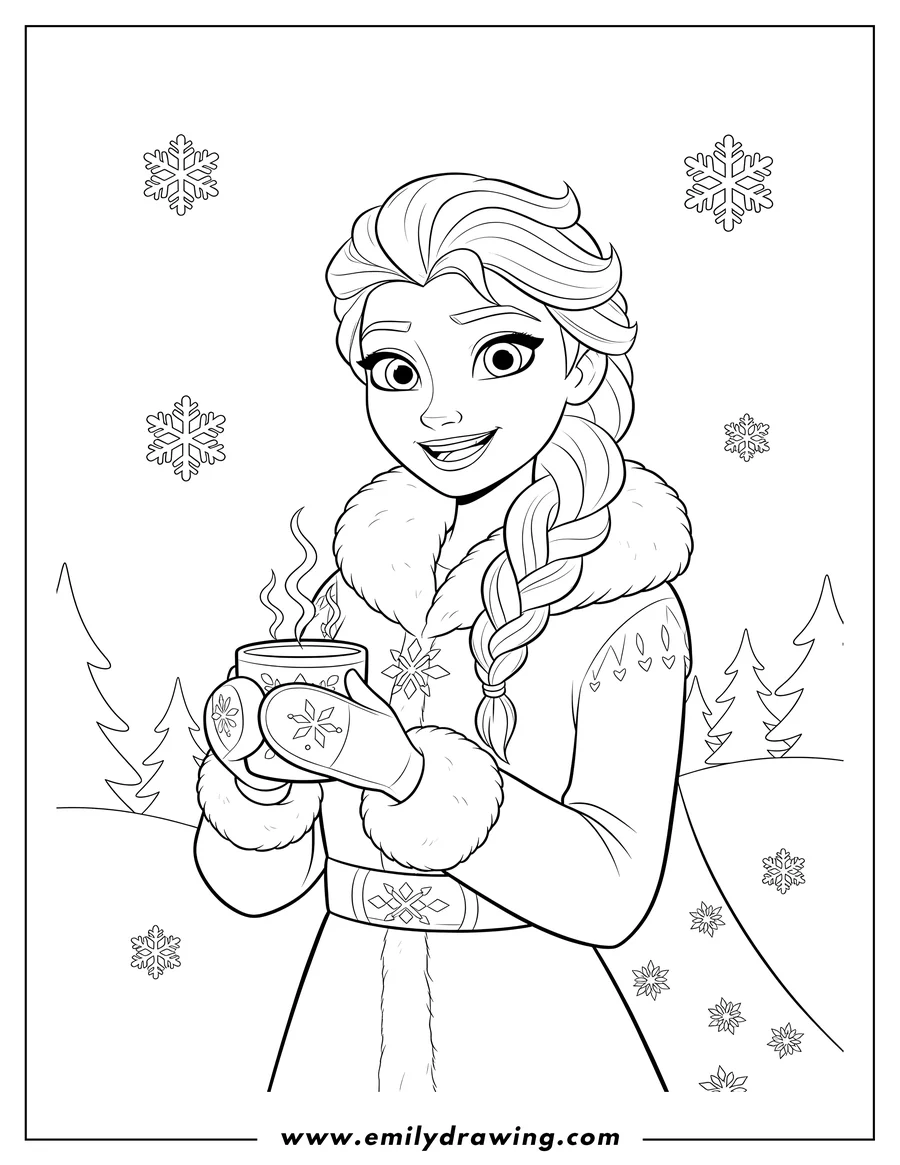 Black and white line art of elsa in a winter coat with braided hair, smiling and holding a steaming mug
