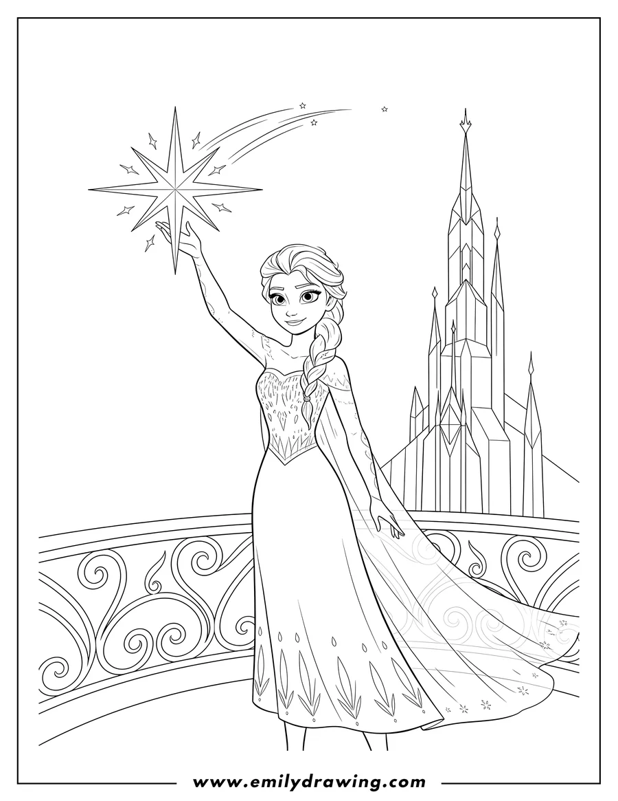 Vector style outline of elsa On Castle Balcony Reaching Out To A Sparkling Star
